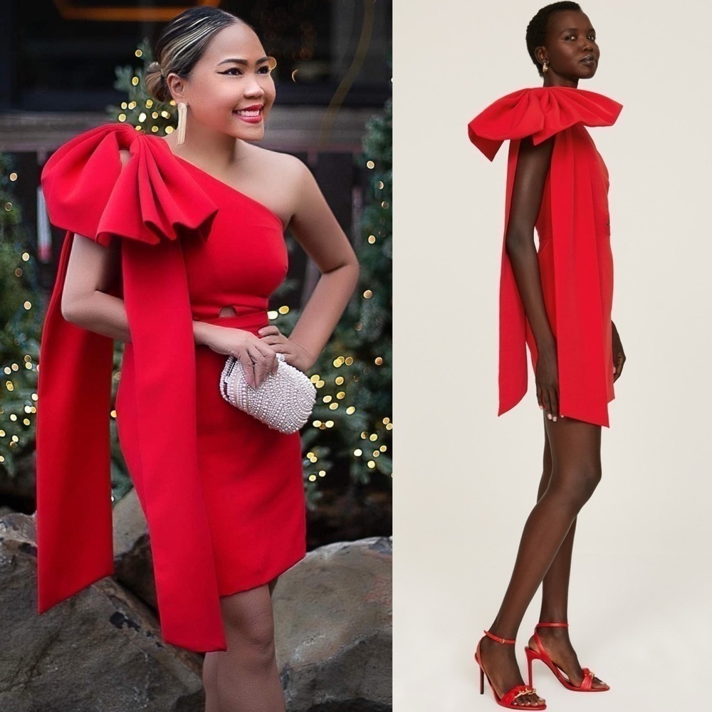 TOCCIN Red Bow Detail One Shoulder Sleeveless Front Cutout Mini Sheath Dress 4 - Picture 2 of 8
